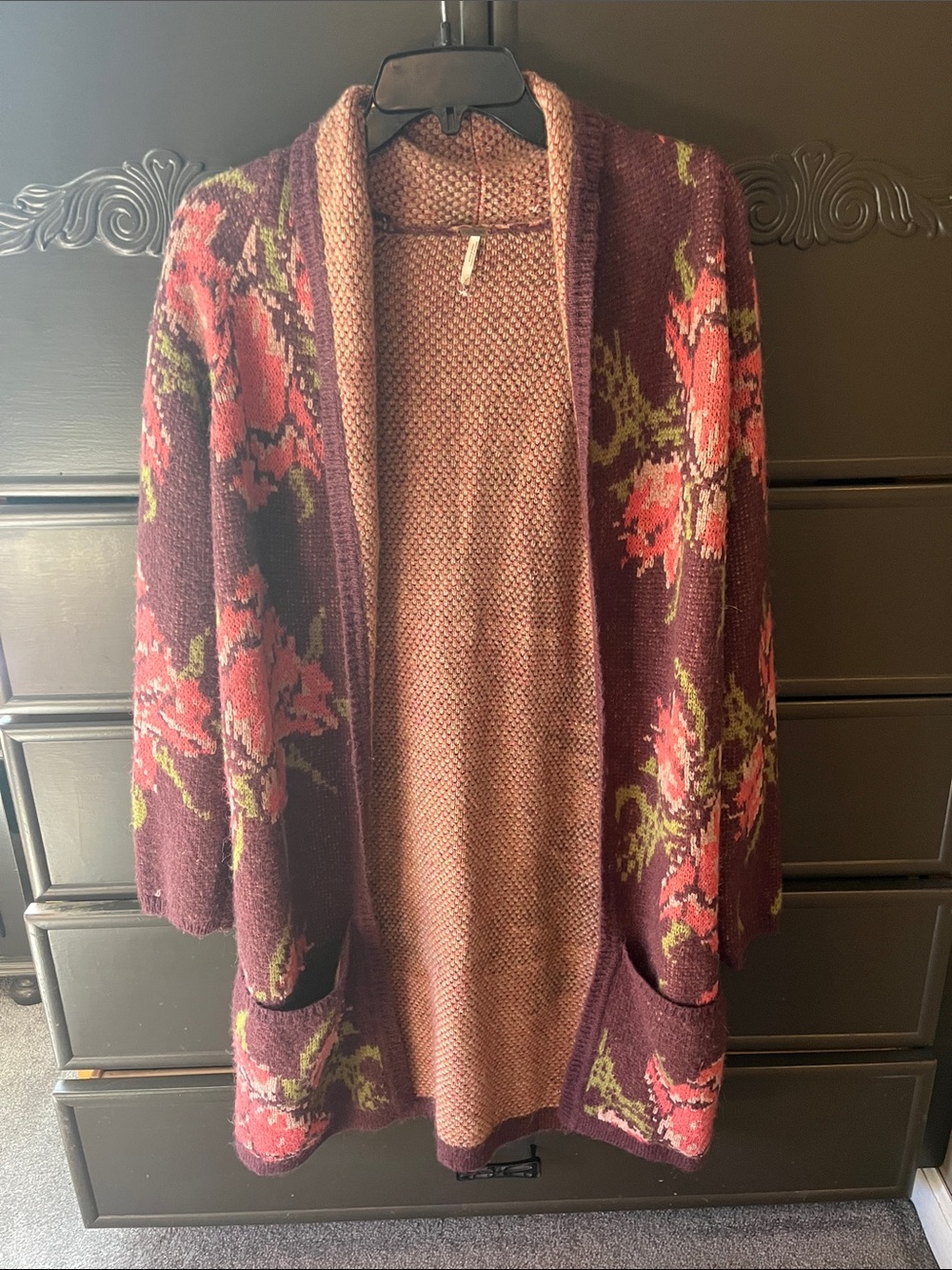 Free People Floral Open-Front Burgundy and Pink Knit Cardigan